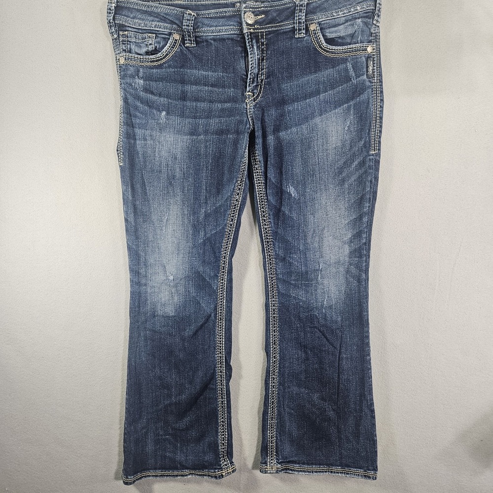 Silver Jeans Suki Surplus Women's 29x30 Bootcut Blue Distressed Thick Stitch Y2K